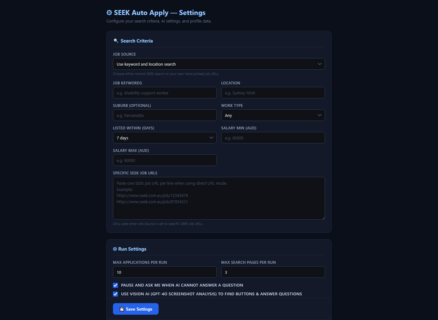 Settings page showing search criteria, AI settings, and profile configuration