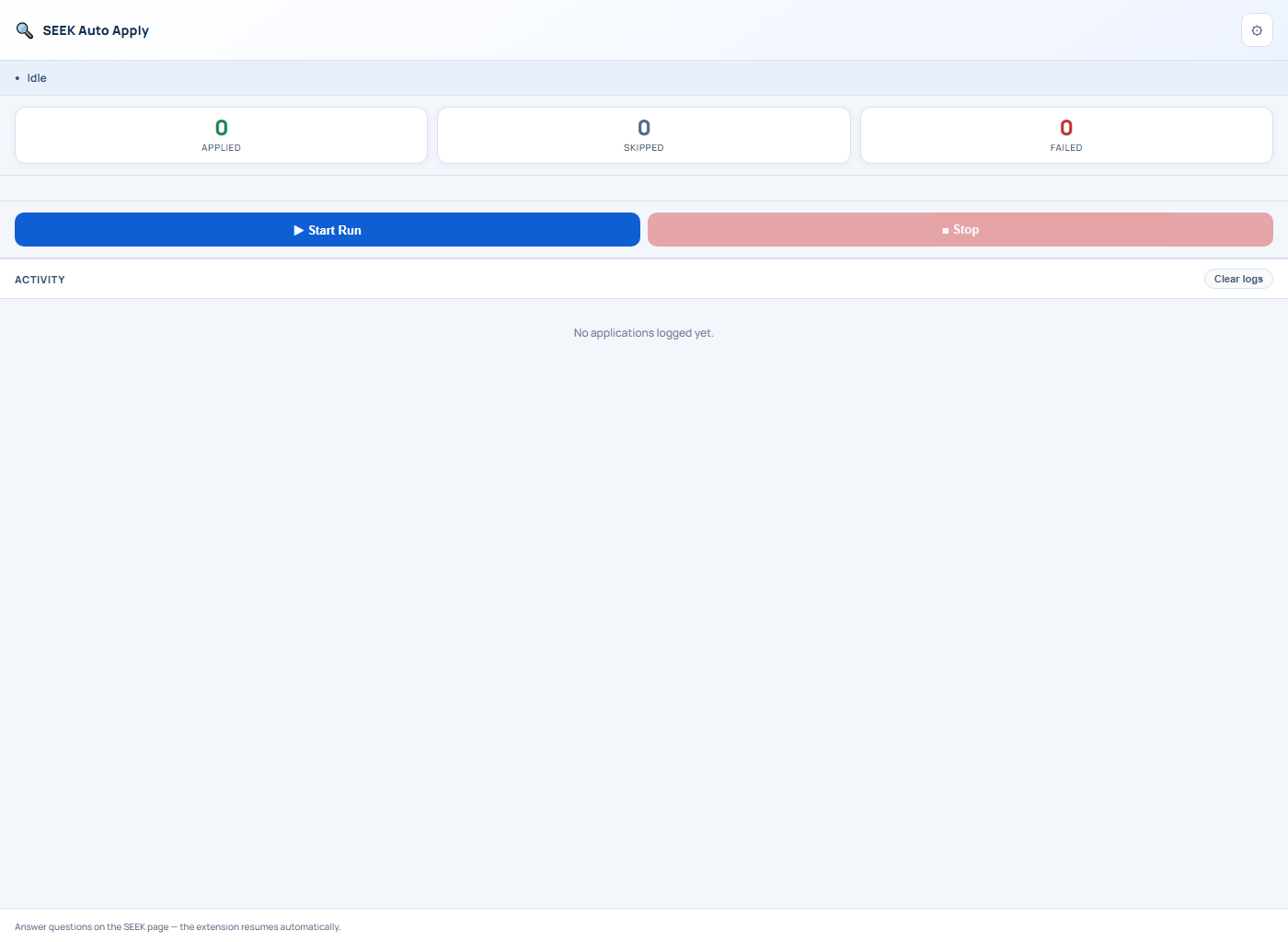 Side panel dashboard showing live run stats, current job, and activity logs